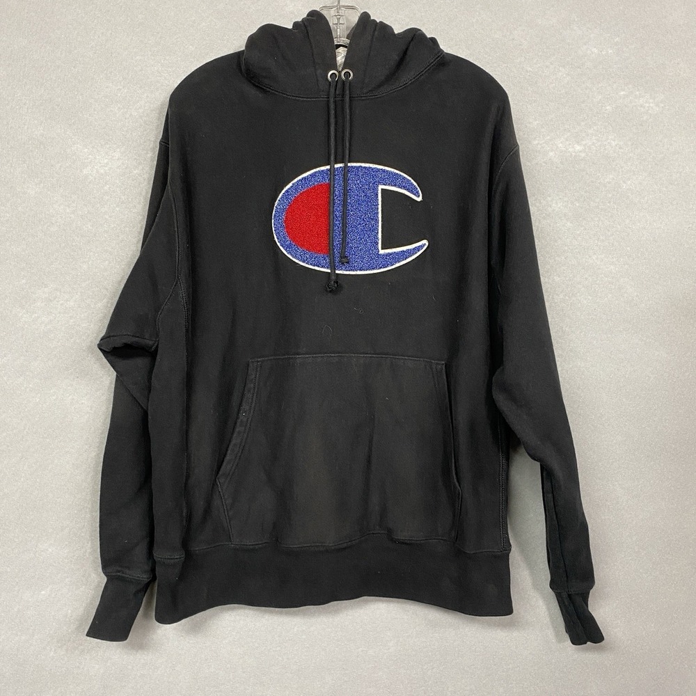 Champion Mens Large Hoodie Black Reverse Weave Terry Logo VTG Skater Pullover